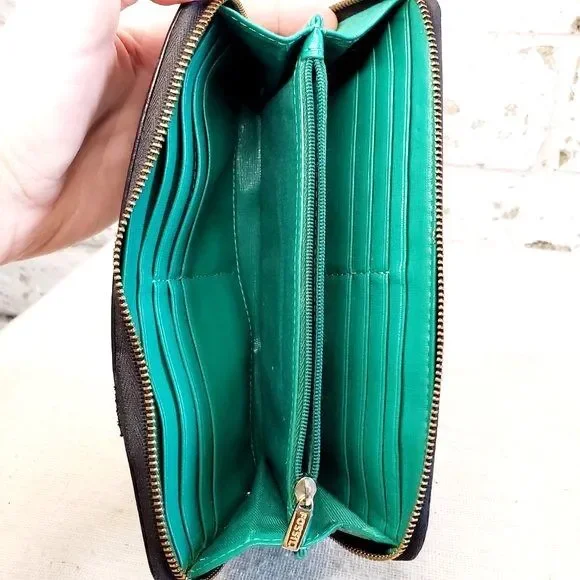 Fossil Black Leather Wallet 8" Zip Green Clutch Womens Classic Black Wallet - Picture 4 of 7